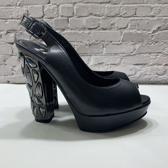 Nando Muzi Women’s Italian Leather Open Toe Jeweled Heels Pumps 36.5 Black - Picture 2 of 16